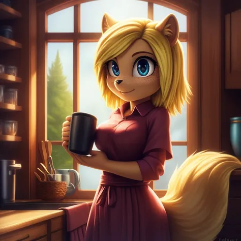 minerva, medium breast,
(detailed blonde hair:1.4), (detailed perfect eyes:1.2), white fur, (detailed fluffy fur:1.2), perfect hourglass body, mink snout, (long fluffy blonde tail:1.3), beautiful black eyes, relaxed pose, looking at viewer,
(freckles:1.2),...