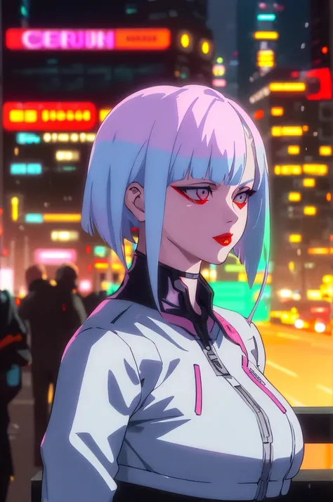 lucy walking in city \(cyberpunk\), looking a espectator, 1girl, hair scrunchie, hime-cut, silver hair, colored tips, full moon,...