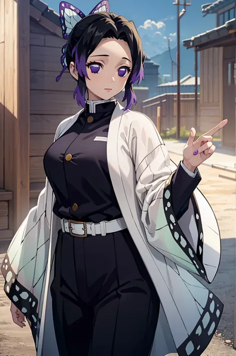 (masterpiece:1.3), (best quality:1.1), (8k, ultra detailed, ultra high res:1.2), ((anime style)), perfect 5 fingers, perfect anatomy, 
1girl,
Shinobu Kochou, 
BREAK short hair, black hair, hair intakes, gradient hair, 
purple eyes, 
bow in hair, butterfly,...