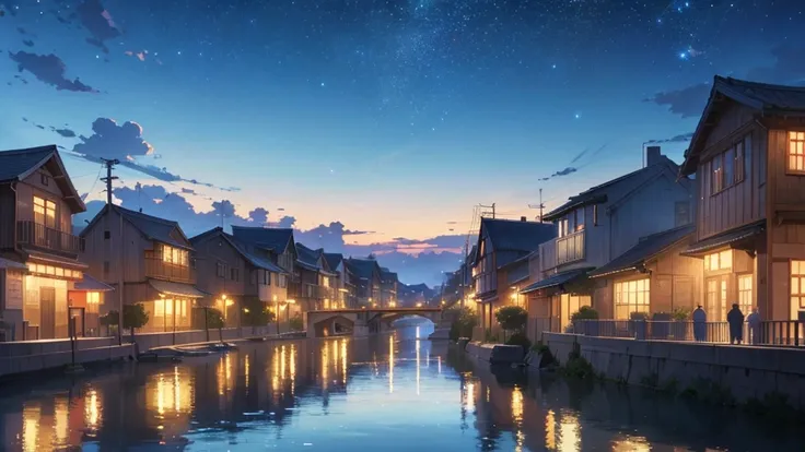 High quality masterpiece, Scenery of the town, ((Anime Japanese Town)), traditional town, bright starry null. break Romantic old town, null, Pixiv, Concept Art, Lofi Art style, reflection. by Makoto Shinkai, Lofi Art, Beautiful anime scene, break Anime lan...