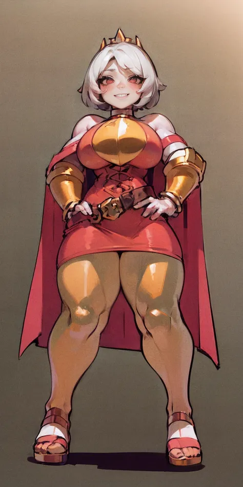 ((BLACK BACKGROUND,1:2, masterpiece)) full body MILF BIMBO standing with two long thighs and two metal sandals, red eyes, two-tone hair, brown hair, silver white hair, short bob style hair, big breasts, cleavage, separate sleeves, tiara royal, long cape up...