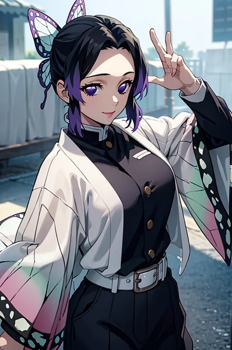 (masterpiece:1.3), (best quality:1.1), (8k, ultra detailed, ultra high res:1.2), (anime style), perfect 5 fingers, (perfect anatomy:1.1), 
1girl,
Shinobu Kochou, 
BREAK short hair, black hair, hair intakes, gradient hair, 
purple eyes, 
bow in hair, butter...