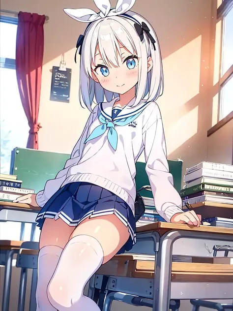 1 white-haired girl with ribbon decorations on her head, blue eyes in school mini skirt navy Women with white stockings at home