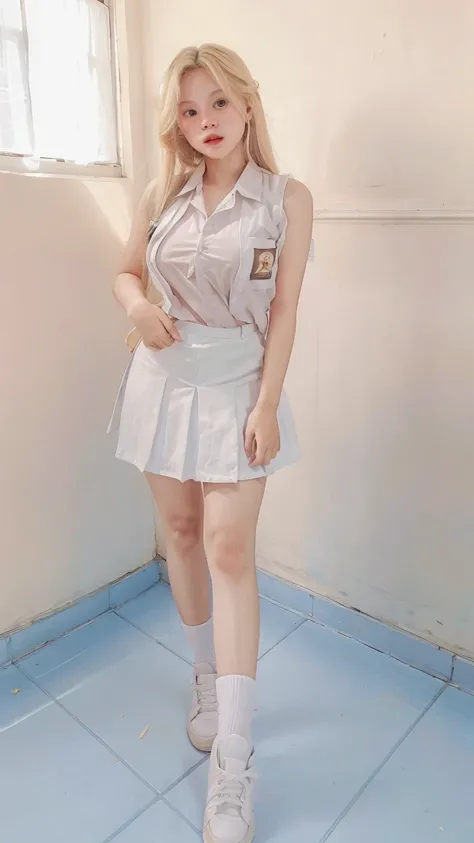 Masterpiece , Beautiful 18 Years Old , Gigantic Large Breast , Cleavage , Sleeveless , ((Wearing High School Uniform)) , High School Skirt , White Sneakers , In Classroom , Take Selfie , ((Centre:1.1)), ((Symetric Picture:1.1)) , ((Blonde Hair:1.1)) , Extr...