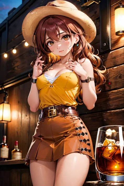 (((1 person:2.0))),((Gemini Sunrise:1.8))),(((Brown belted mini skirt:1.8))),(((Slim body:1.8))),(((Brown gun belt with holster:1.8))),((Brown cowboy hat:1.8)),((Wear a metal watch on your wrist:1.8))),(((Showing cleavage))),(((Exposed thin inner thighs)))...