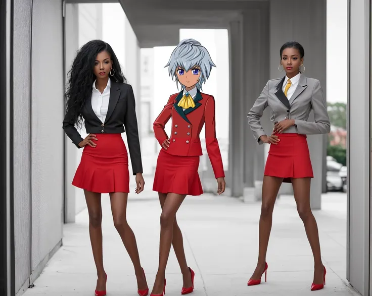 Skinny Black business woman in a matching skirt suit red skirt 