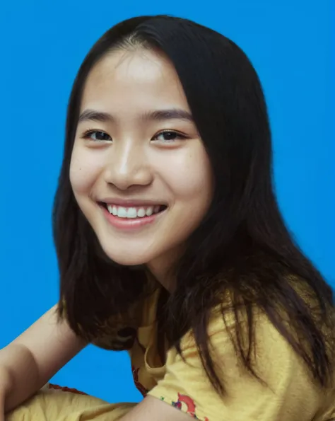 Highly realistic photo, Portrait of a 17  year old Vietnamese young girl, long black hair, yellow T-shirt, smiling