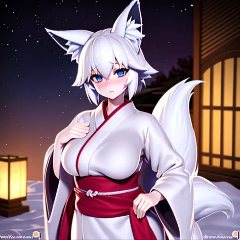 Fox ear, fox tail, white hair, short hair, blue eyes, blush, large breasts, kimono, white kimono, snow, night, looking at viewer, 