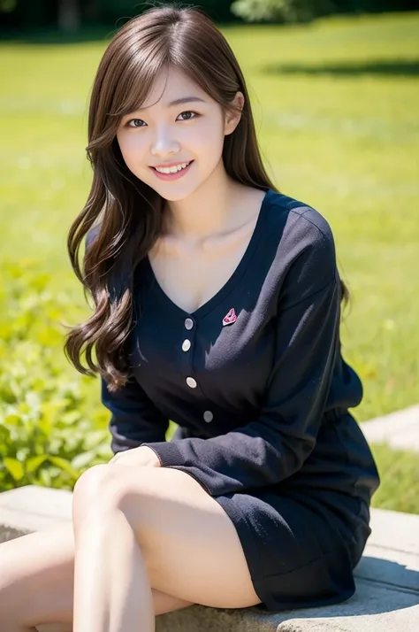 Pure Japanese girl, outstanding body, beautiful legs, wearing uniform, natural hairstyles, sweet smile, sitting, refreshing in early summer, composition from the front, 