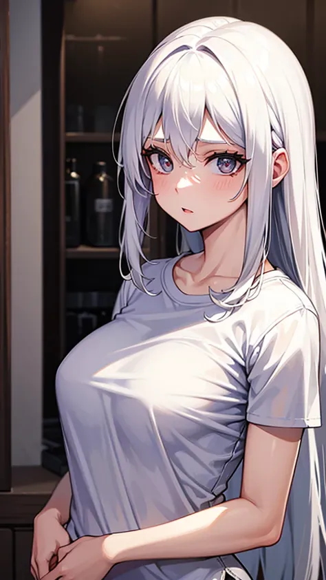 a 30 year old woman with white hair wearing a t-shirt 