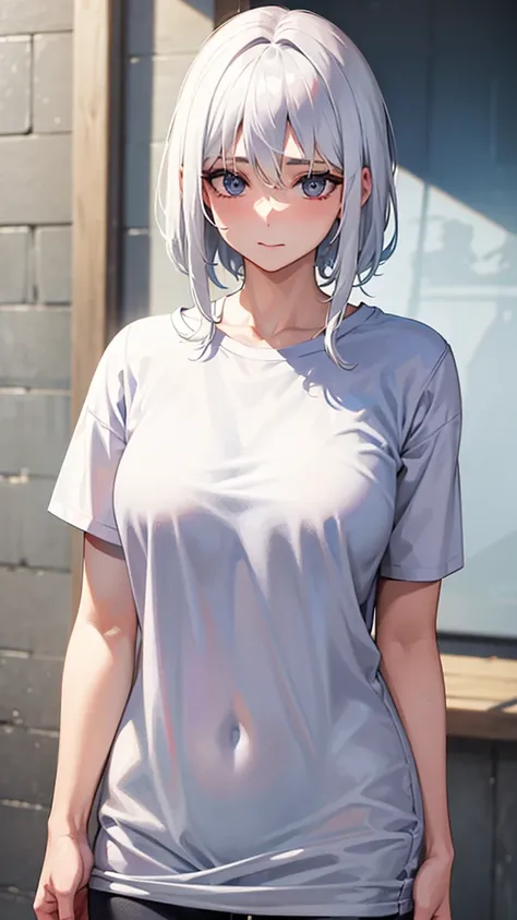 a 30 year old woman with white hair wearing a t-shirt 