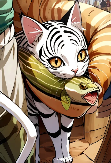 "A striped cat with a mischievous expression, carrying a fish in its mouth, sneaking through the stalls of a busy market."