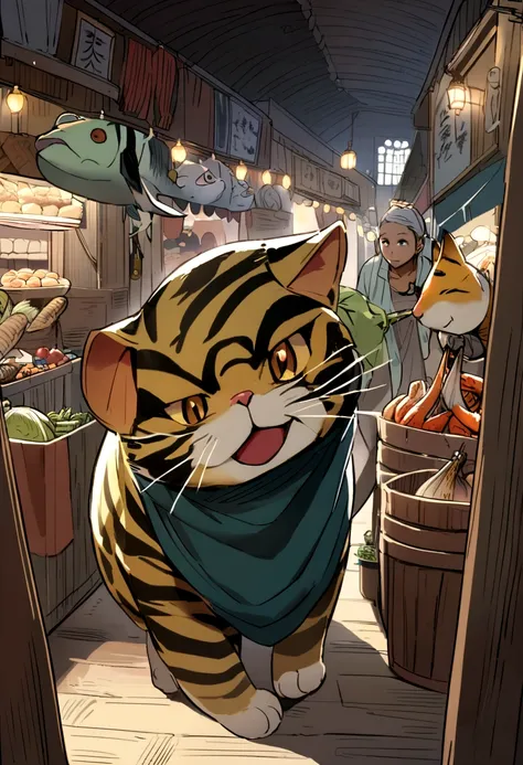 "A striped cat with a mischievous expression, carrying a fish in its mouth, sneaking through the stalls of a busy market."