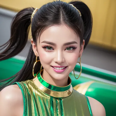 Highest quality、Race Queen、Metallic Green、The gaze is directed forward、The face is facing forward、smile、Very voluminous eyelashes、Blue eyeshadow、Beautiful teeth、shiny pink lips、Lip gloss、Black Hair、Straight ponytail、Big, thick gold hoop earrings、Slender