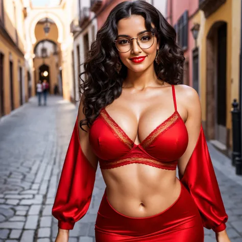 a beautiful Spanish brunette with curly black hair full body photographed by a 50mm canon. wearing beautiful symmetrical eyeglasses that perfectly suit her face. Rosto angelical,warm smile with beautiful red lipstick.cinematiclight,sexy red bodycon dress,e...