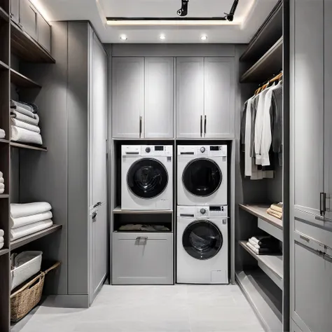 WJSimple lines overall tone are gray,Advanced gray style, Gaojihui Xiaoguotu12, A washer and dryer in a closet with a window.