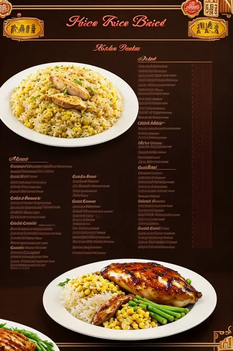 ((best quality)), ((masterpiece)), (detailed), perfect face Generate a sale advertisement for the delicious rice with corn and BBQ chicken showing a plate of food from this menu that looks very appetizing with a nice piece of chicken 