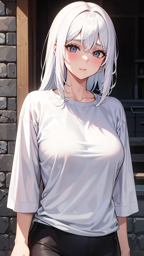 a 37 year old woman with white hair wearing a t-shirt 