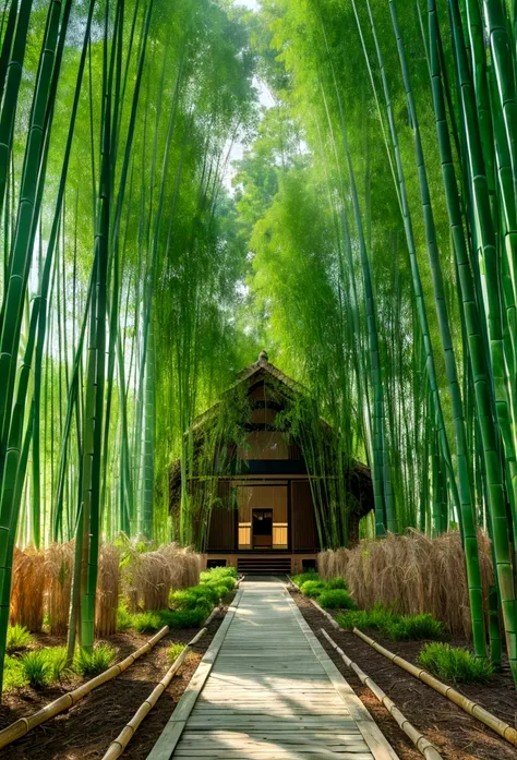 8K,Super Long Shot,Highest quality,Masterpiece,A building made of green bamboo,An atmosphere blended into nature