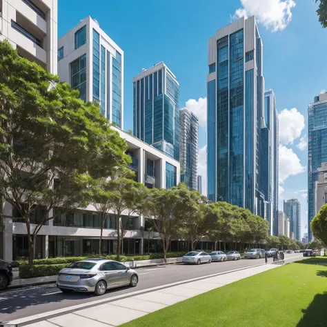 Imagine a vacant plot of land in the heart of a bustling modern city, viewed from the sidewalk. The plot is completely empty, covered in green grass, and surrounded by towering luxurious buildings. Directly behind the plot, there are skyscrapers with glass...