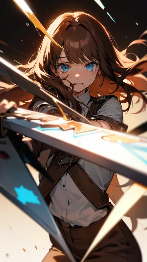 Adult, long brown hair with bangs, blue eyes, knife, bloody, crying 