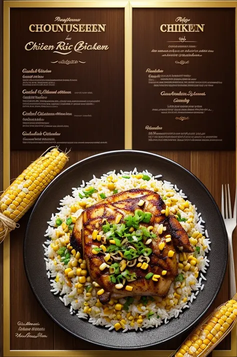 ((best quality)), ((masterpiece)), (detailed), perfect face Generate advertisement without letters only for sale of the delicious rice with corn and chicken BBQ showing a plate of food from this menu that looks very appetizing with a nice piece of chicken 