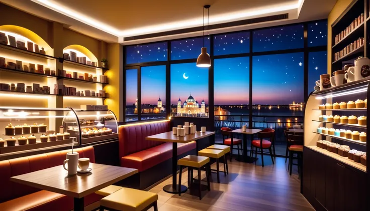 a cozy night time at a coffe interior with cozy lighting and sweets in the shelves. There are coffee cups in the tables. There is a big window in the middle of the coffeeshop and the outside view is a city 