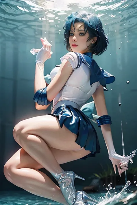 masterpiece, full: 1.3, stand, 3D, realistic, ultra microphoto, highest quality, Extreme Detail CG Unity 8K Wallpaper, from below, ((1 female)), (See more1, tiara, sailor warrior uniform:1.6), (sailor mercury), 17 years old,(facial details: 1.2, cute face,...