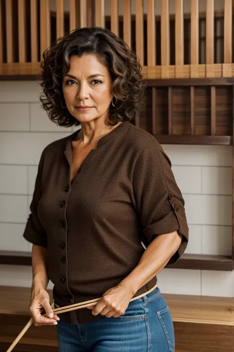 56 year old medium brunette woman with short curly brown hair, Dark brown eyes, thick build, weaving with chopsticks 