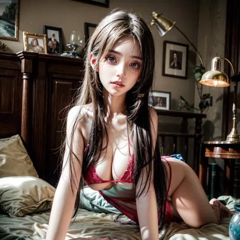 Sexy adult woman, ((Facial Variations)), Highest quality and high resolution rendering. The image must be highly detailed, Realistic, and photoRealistic with a touch of rawness. Lamp-lit bedroom、 The medium will be a combination of photography and conceptu...