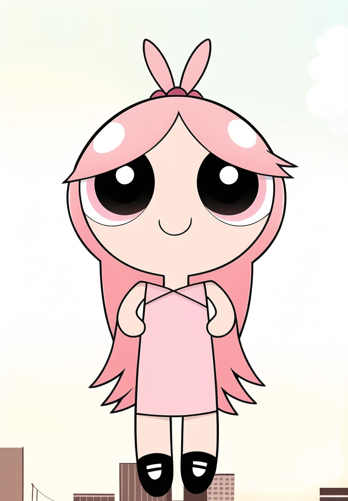 ((cute smile)), full body, 1girl , chibi, hair ornament, pink hair, brown eyes, cute Dress, city background,