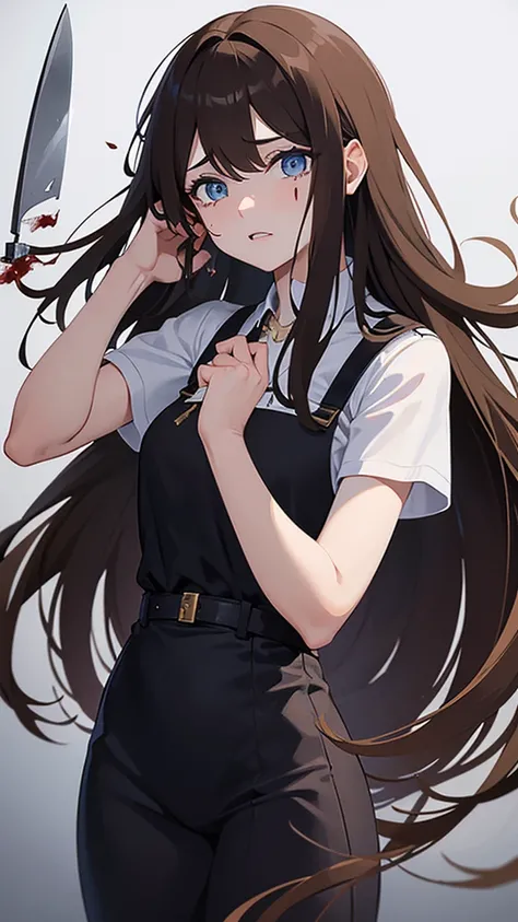 Adult, long brown hair with bangs, blue eyes, knife, bloody, crying 