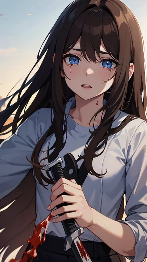 Adult, long brown hair with bangs, blue eyes, knife, bloody, crying 