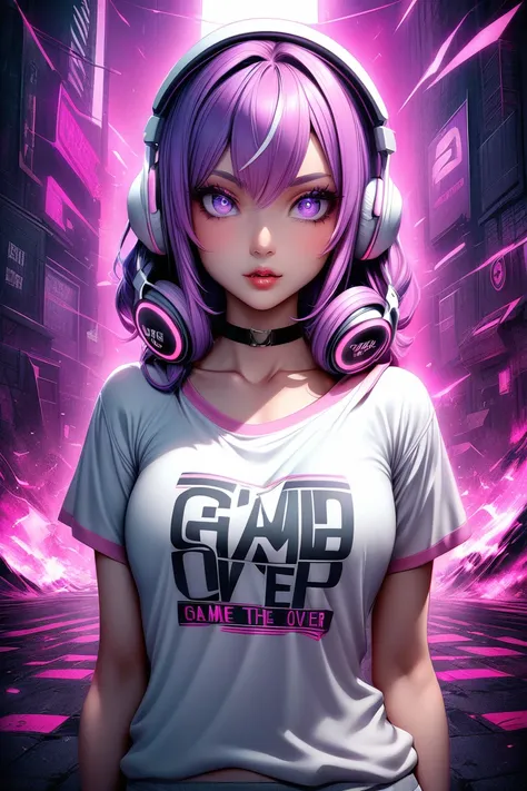 this is a digital illustration of an anime girl wearing a grey bra top with a pink trim and the words "game over" written over t...