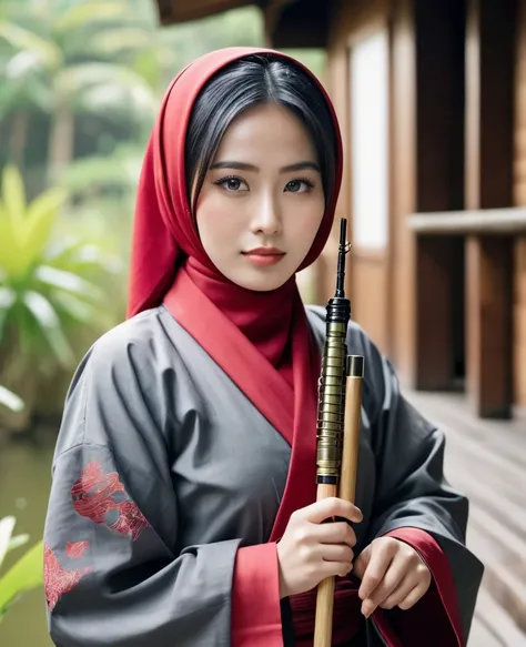 Young Indonesian women, wearing red hijab syari , Samurai armor Shogun with hair tied up, perfect hand holding a fishing rod, closeup photo, there is a wooden house, written in Japanese letters, 