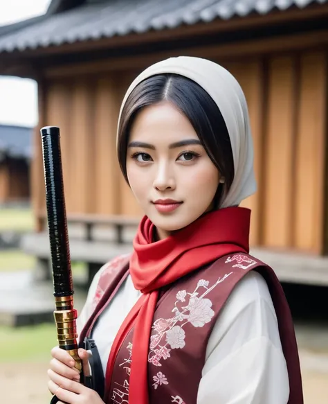 Young Indonesian women, wearing red hijab syari , Samurai armor Shogun with hair tied up, perfect hand holding a fishing rod, closeup photo, there is a wooden house, written in Japanese letters, 