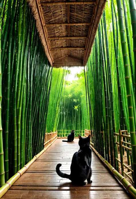 8K,Environmental SDGs,Super Long Shot,Highest quality,Masterpiece,A building made of green bamboo,Black cat,An atmosphere blended into nature