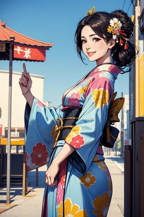 A beautiful smiling woman in a kimono greets people with a cheerful "Good morning" as her arms open under the blue sky