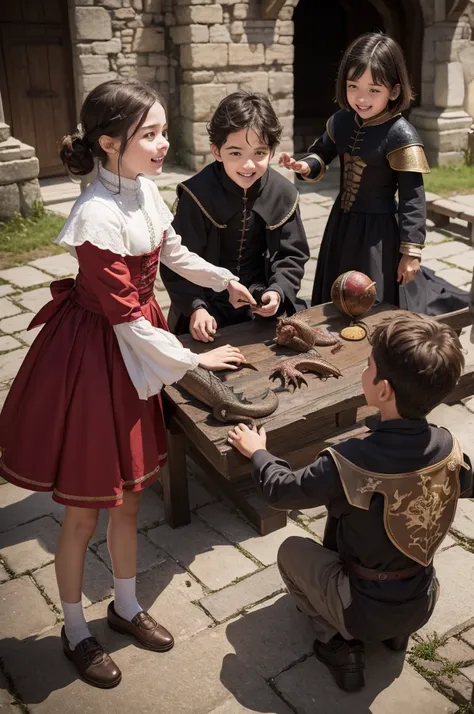 1 boy and 2 girls playing with dragons middle ages 