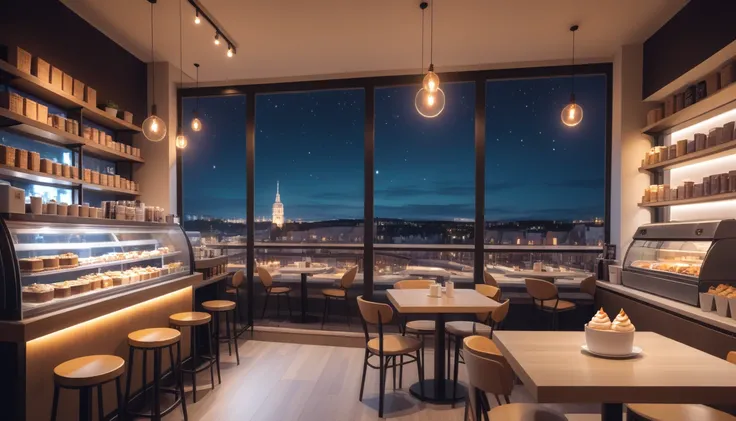 a cozy night time at a coffe interior with cozy lighting and sweets in the shelves. There are coffee cups in the tables. There is a big window in the middle of the coffeeshop and the outside view is a city