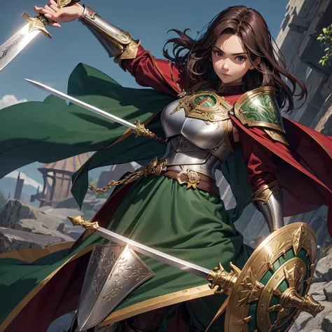 Name: Thalia IronshieldAppearance:Hair: Dark brown, short, and neatly kept.Eyes: Emerald green, full of determination.Attire: Shining plate armor with holy symbols engraved on the chest, a maroon cloak, and wielding a large shield and sacred sword.