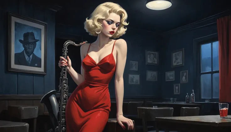 robert johnson, gritty, alabama bar, blue note, charismatic , red dress, illustration, noir fantasy, lone blonde lady, sad ending, saxophonist