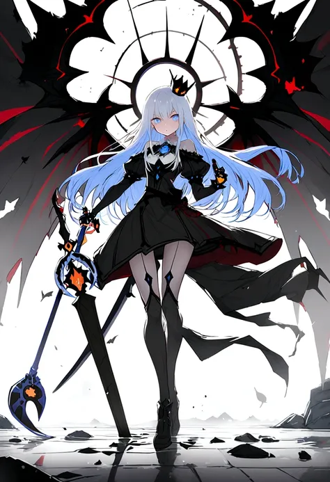 Blue eyes looking at me, long blue hair, black robe, black crown, black scythe