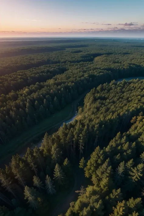 Aerial view of a dense and mysterious forest at dawn