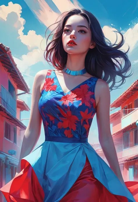 a painting of a woman in a red and blue dress, beautiful comic art, colorful art germ!!!, art by alessandro pautasso, Lois van Baarle y Rossdraws, rossdraws vibrant cartoons, awesome art style, High quality digital art., alena aenami and artgerm, in digita...