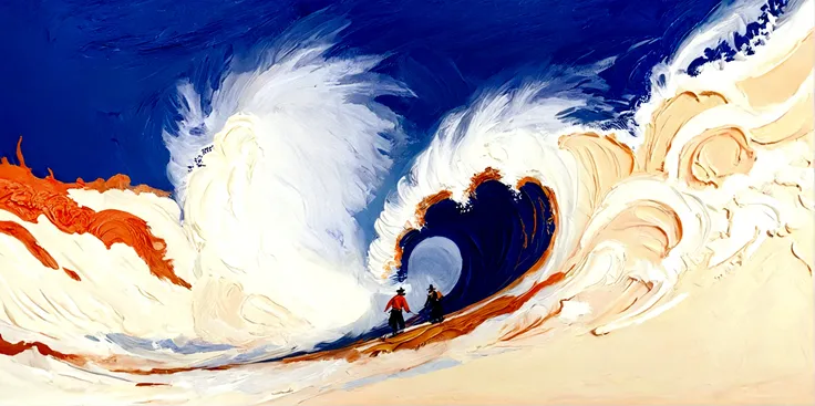 Big Wave，Huge waves，Sea waves，real，bright，orange color，Blue Background，vanilla，cream，whiskey，emotion，emotion，Thick textured paint, 