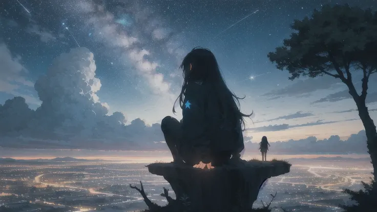 octans, sky, star (sky), scenery, starry sky, night, 1girl, night sky, solo, outdoors, building, cloud, milky way, sitting, tree, long hair, city, silhouette, cityscape