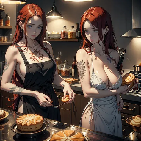 (NSFW), (A woman with red hair, long and wavy, adorned in a black apron), (She leans against the counter, gazing intimately at the viewer), (The kitchen, filled with the aroma of freshly baked cakes and pies, serves as the backdrop), (Indoor setting with d...