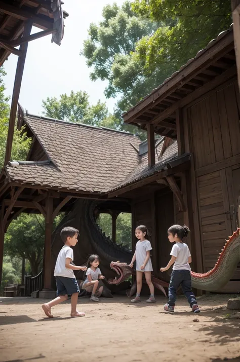 Three children playing with dragons 