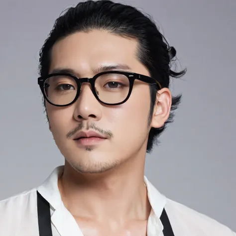 1male,solo,japanese,fat,black_hair,two-block_cut_hair,curly_hair,hair_slicked_back,black_eyewear,glasses,stubble,